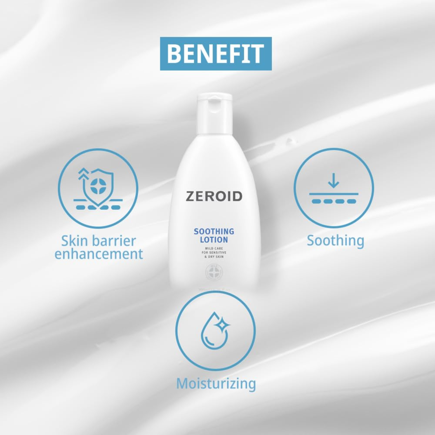ZEROID soothing lotion bottle with benefits on a gray background