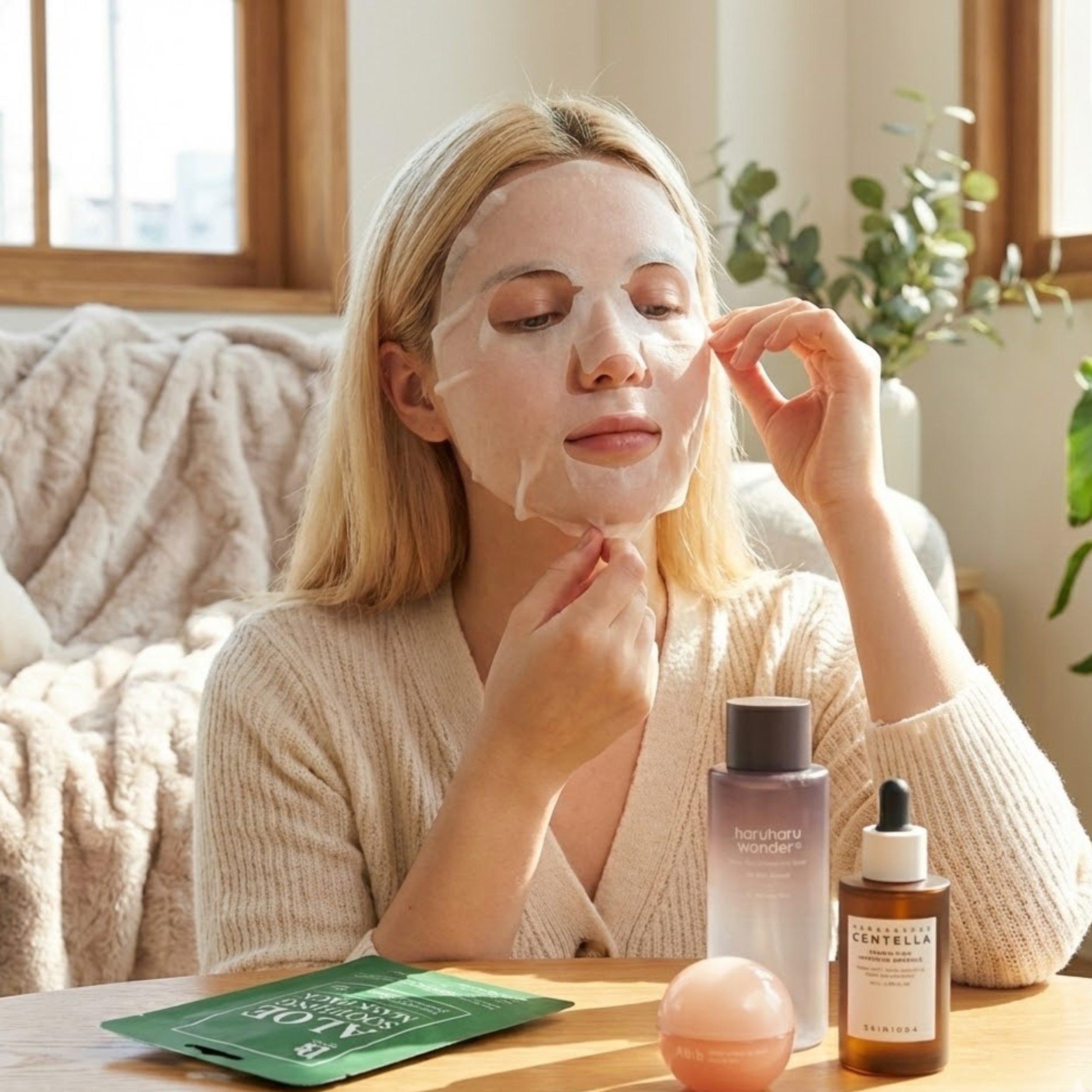 Woman applying a face mask with skincare products on a table in a cozy room.