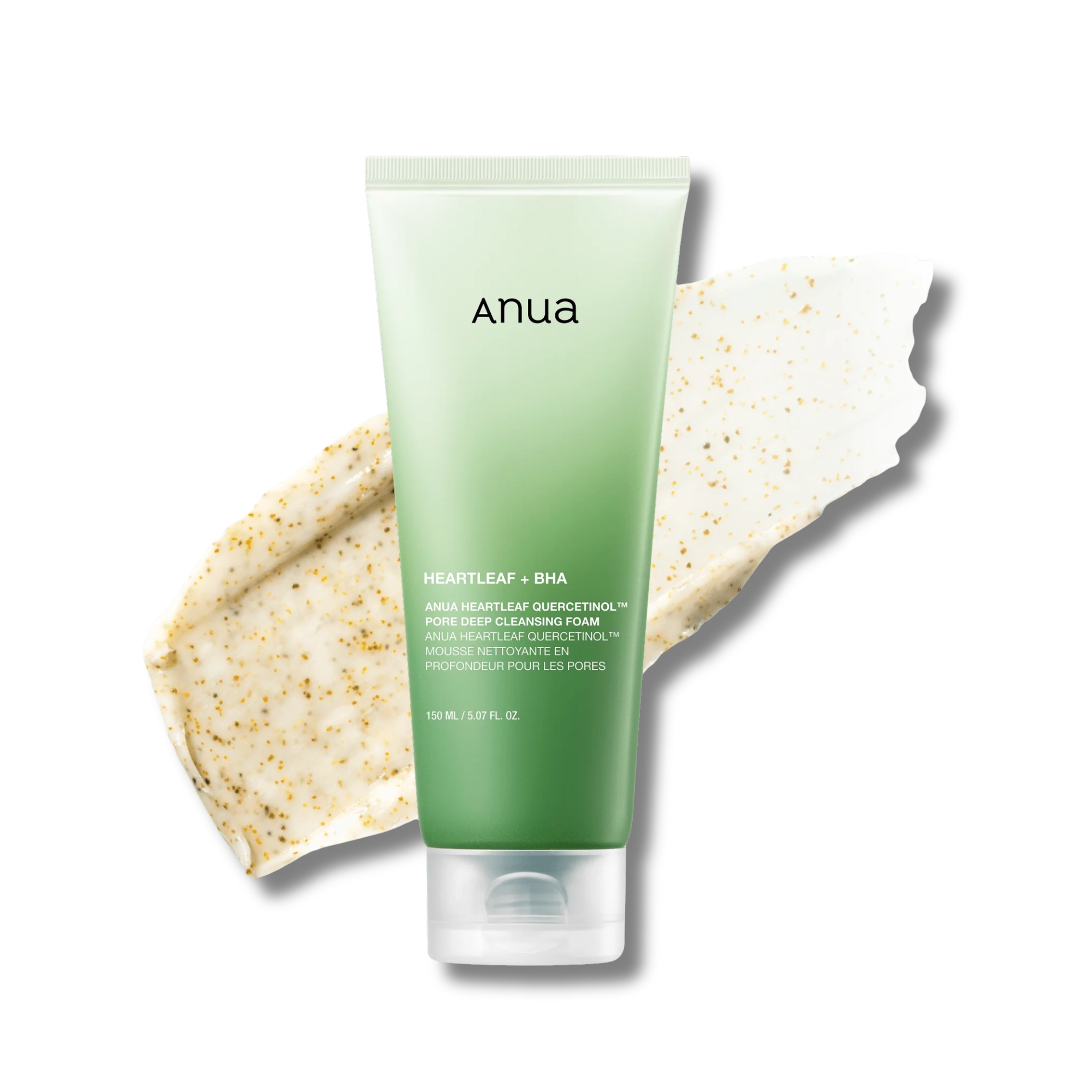 Green tube of Anua cleanser with a smear of cream on a white background