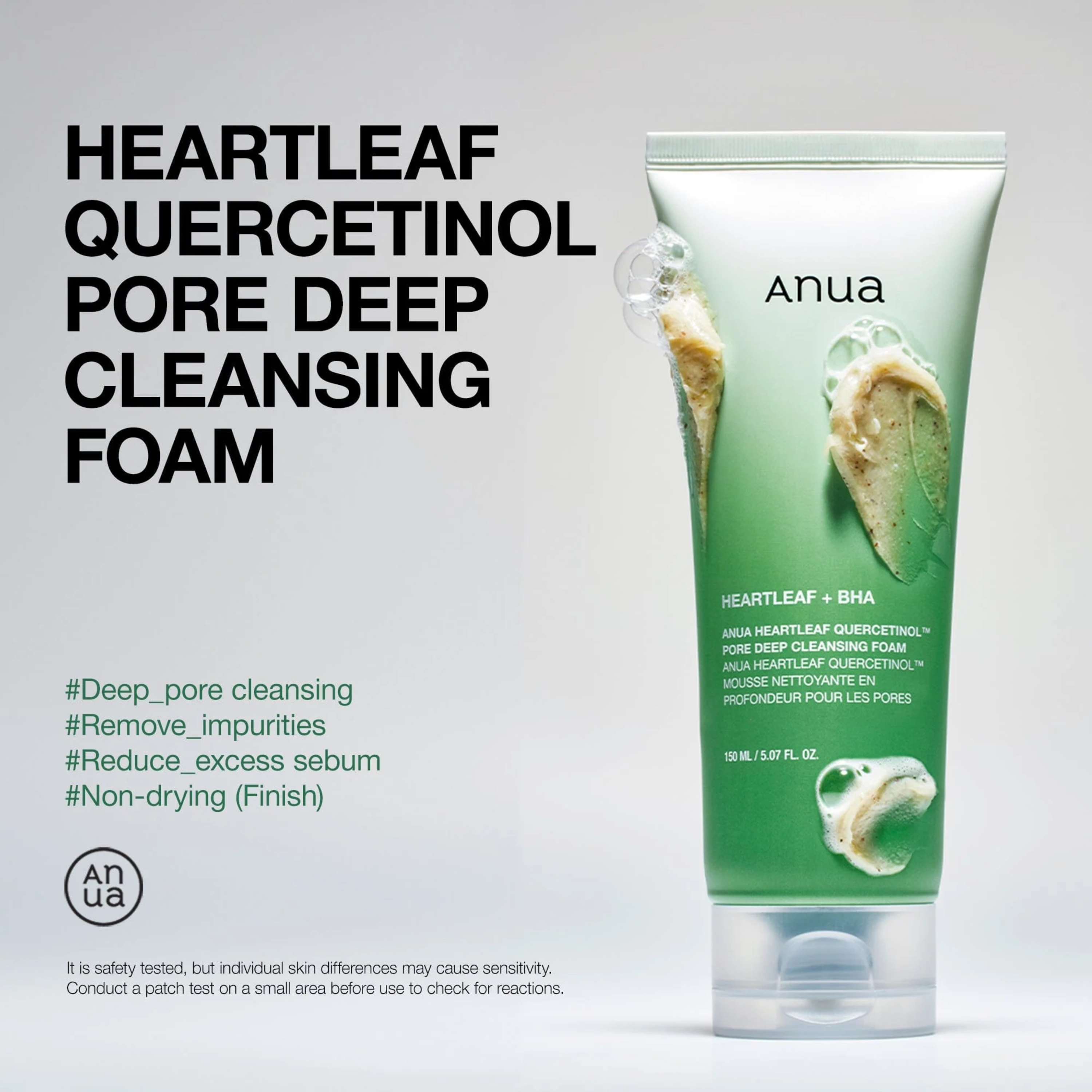 Anua Heartleaf Quercetinol Pore Deep Cleansing Foam tube on a gray background