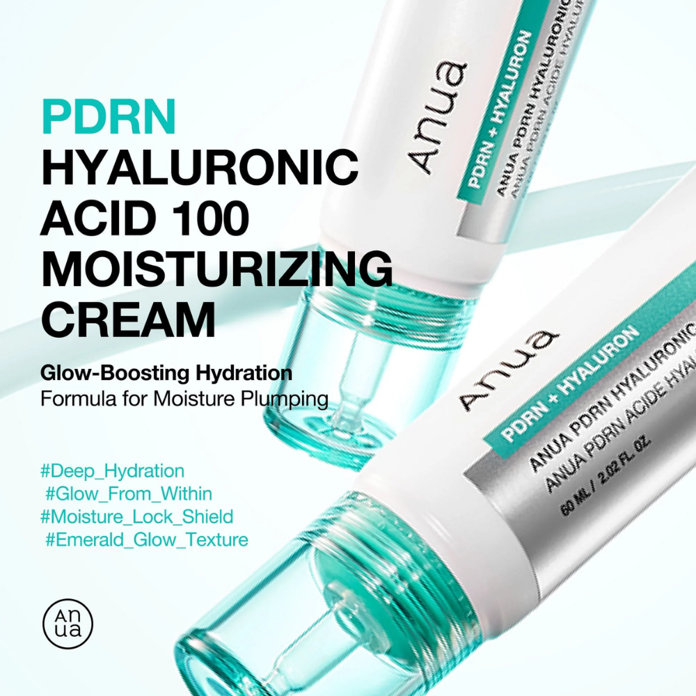 Two bottles of Anua PDRN Hyaluronic Acid 100 Moisturizing Cream on a white background