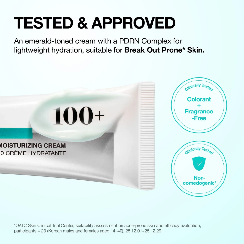 Moisturizing cream packaging with text about ingredients and benefits on a light blue background