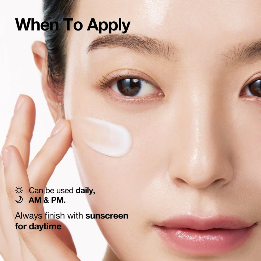 Close-up of a person applying cream to their face with text about application times.