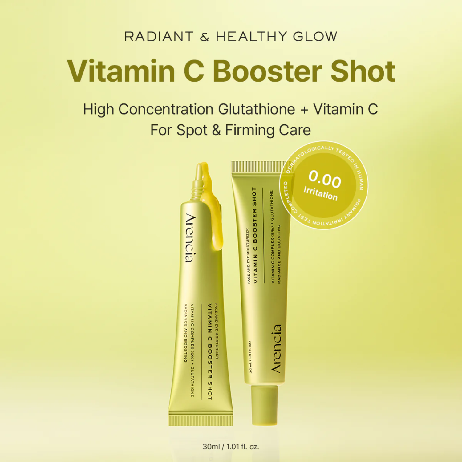 Vitamin C Booster Shot with Arancia branding on a yellow background