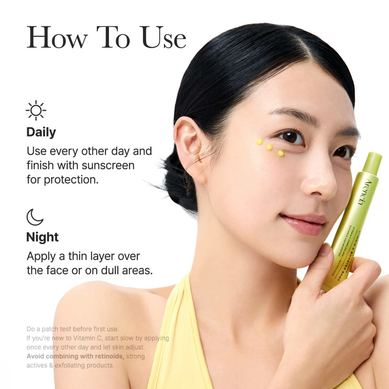 A woman holding a booster shot tube of Arencia brand