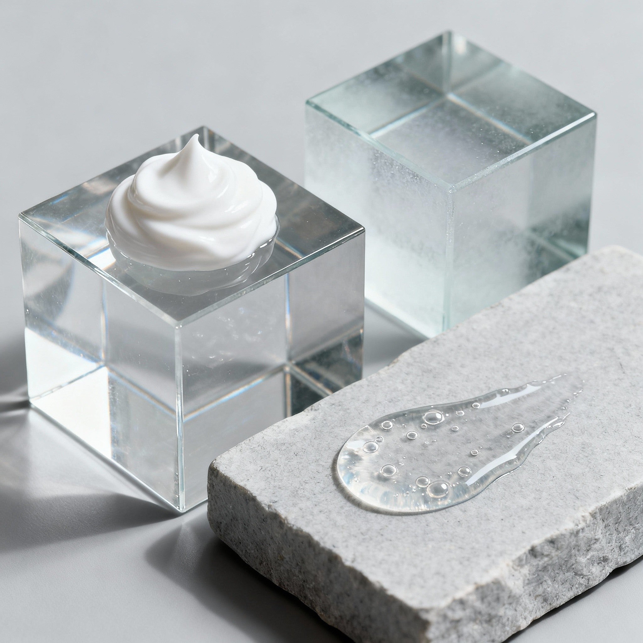 White cream in a clear cube on a gray surface with a glass container in the background.