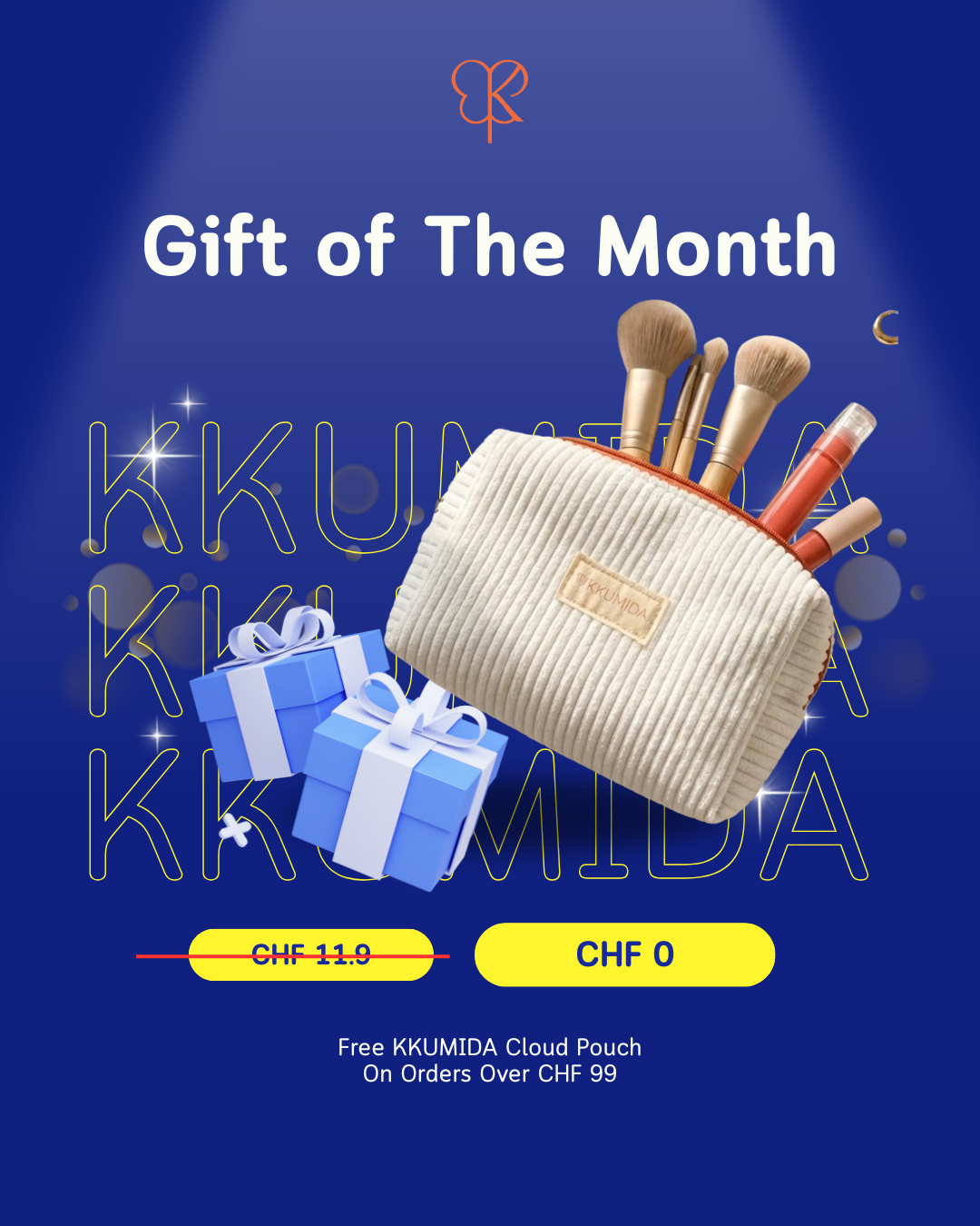 Makeup set with a cloud pouch on a blue background, featuring KKUMIDA branding.
