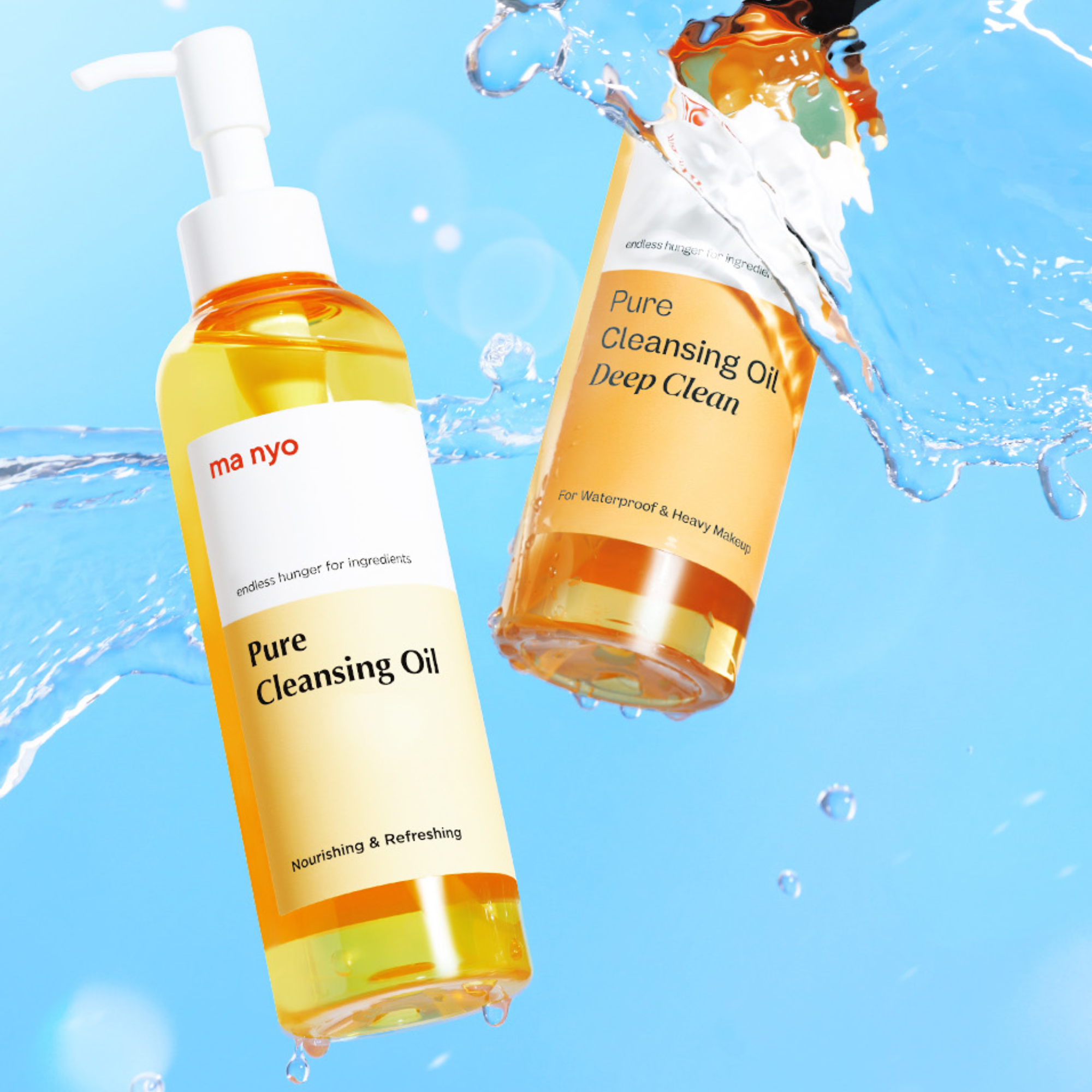 Two bottles of 'Pure Cleansing Oil' with water droplets on a blue background