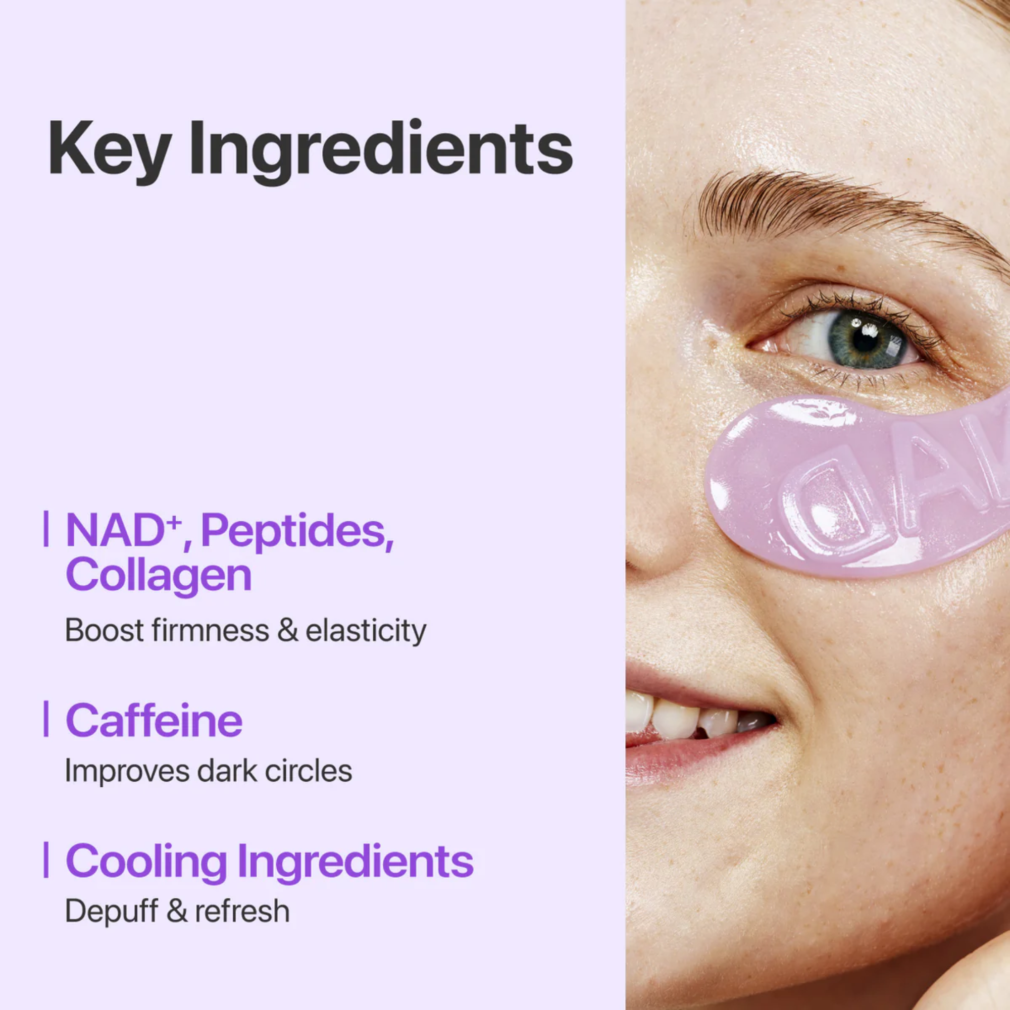 Korean skincare product with key ingredients listed on a purple background