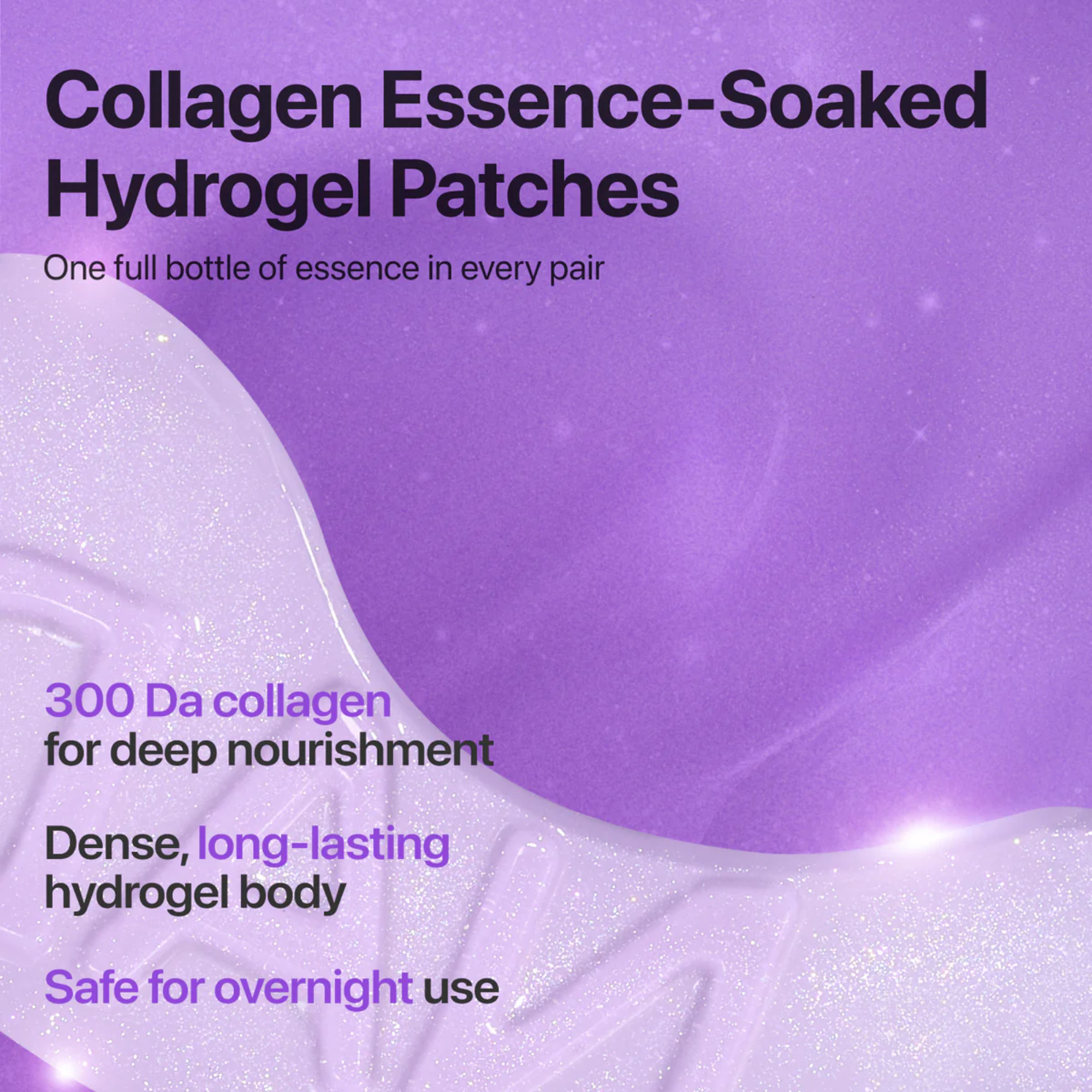 Advertisement for collagen essence-soaked hydrogel patches with purple background and text.