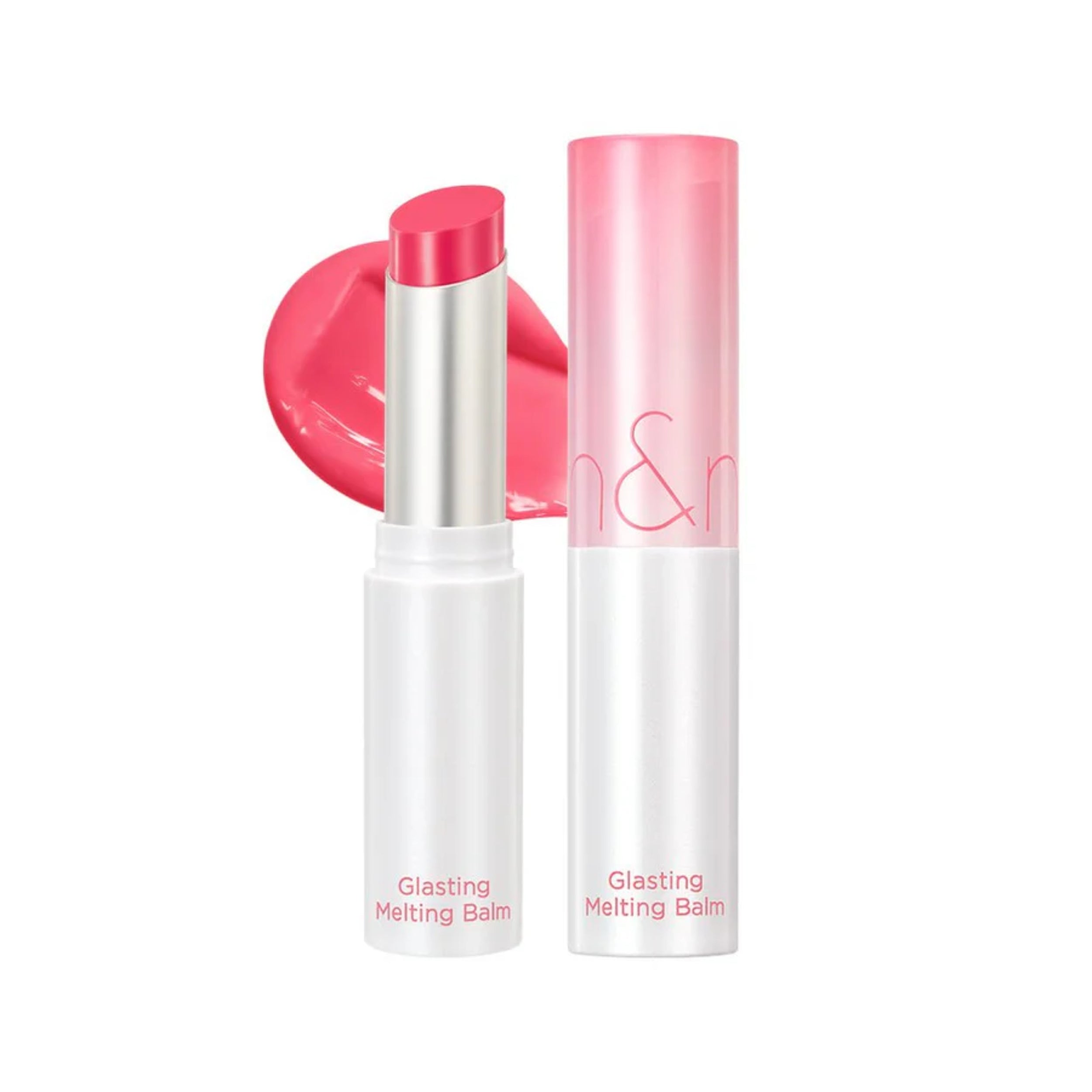 Pink lip balm with white container on a white background