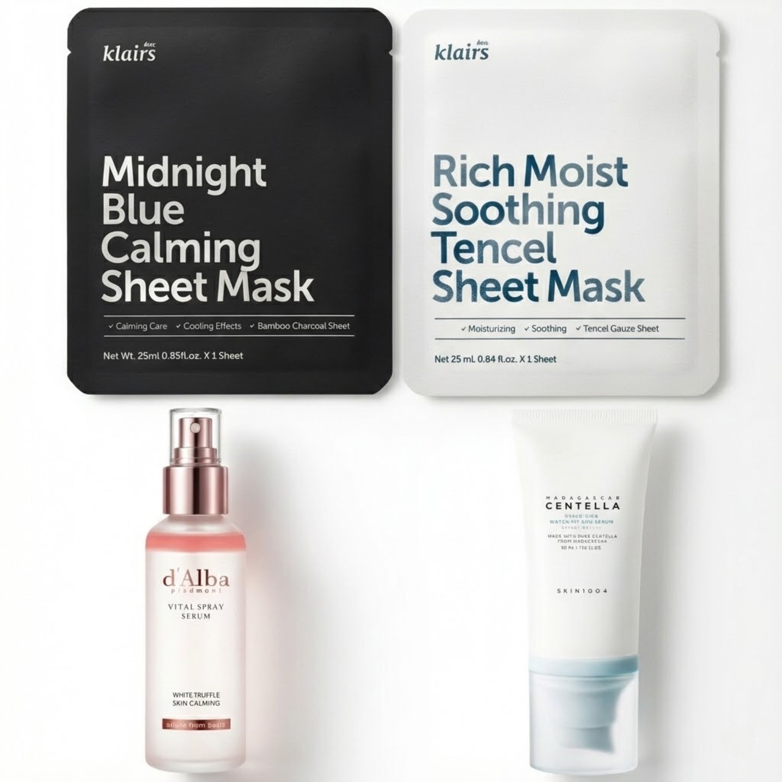 Two sheet masks and a serum bottle on a white background