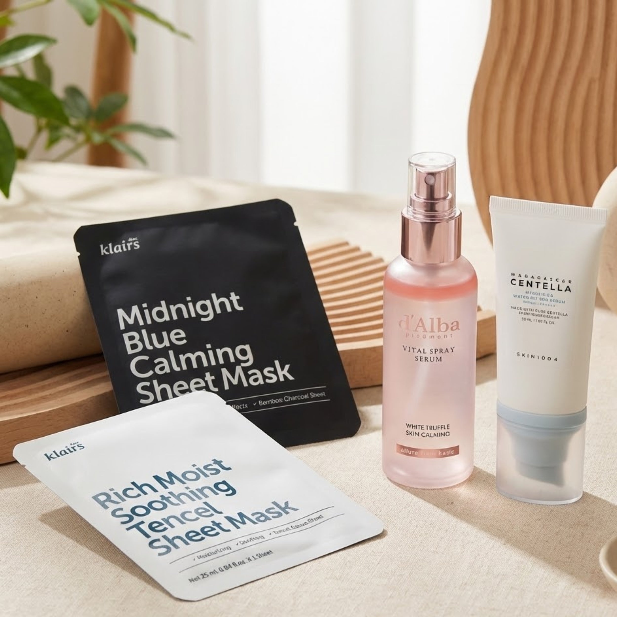Klairs sheet masks and skincare products including a spray bottle and cream on a light surface.