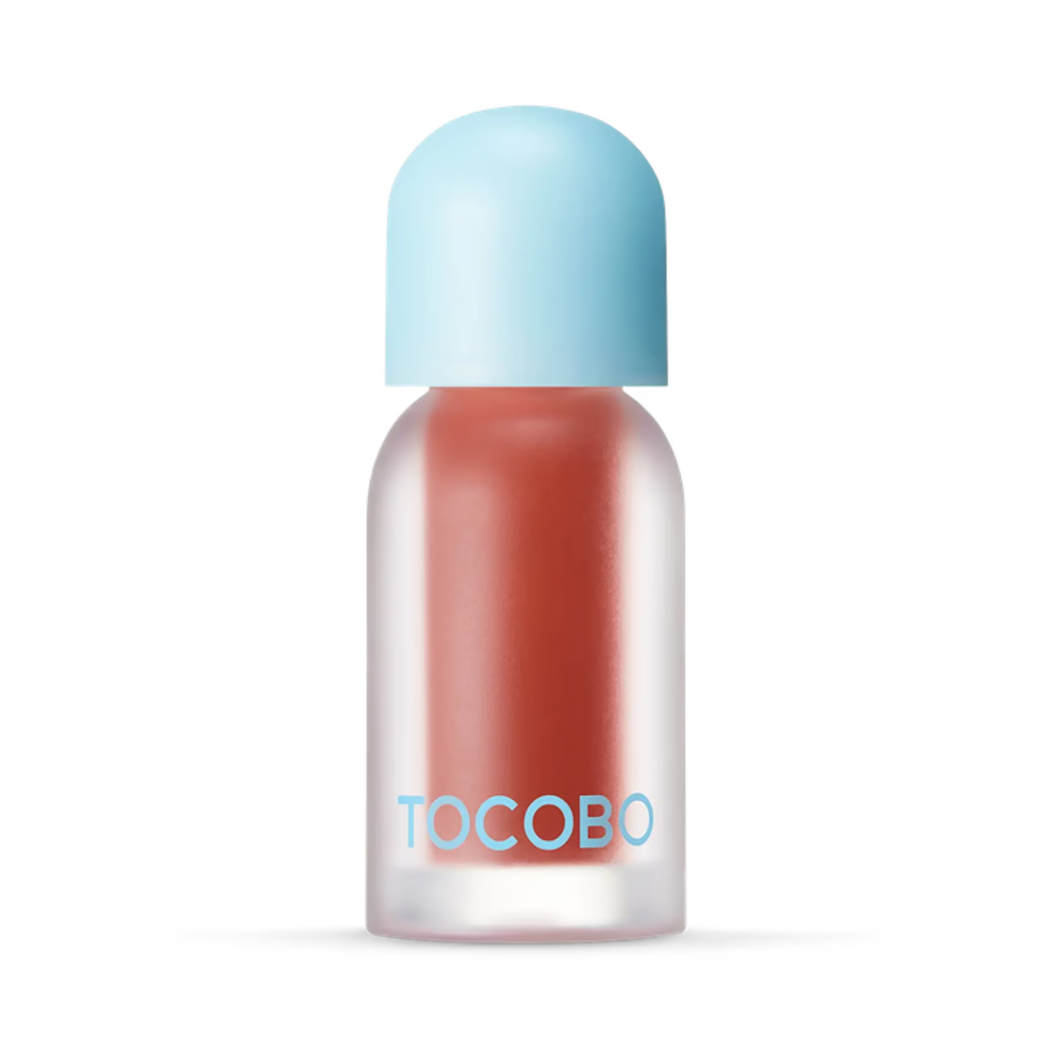 Lip tint bottle with light blue cap and clear body on a white background