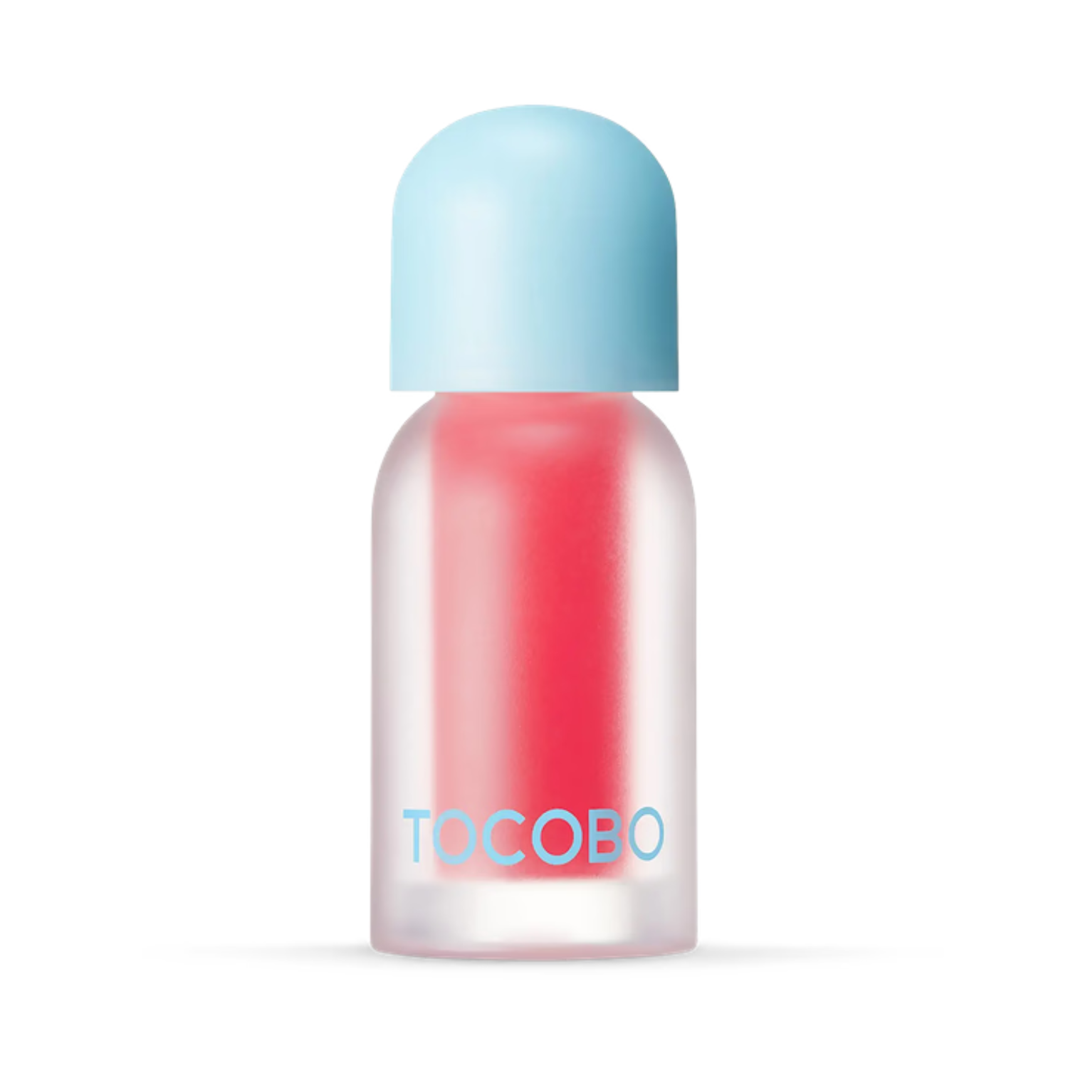Small bottle with a light blue cap and pinkish-red body on a white background, featuring the brand 'Tocobo'.