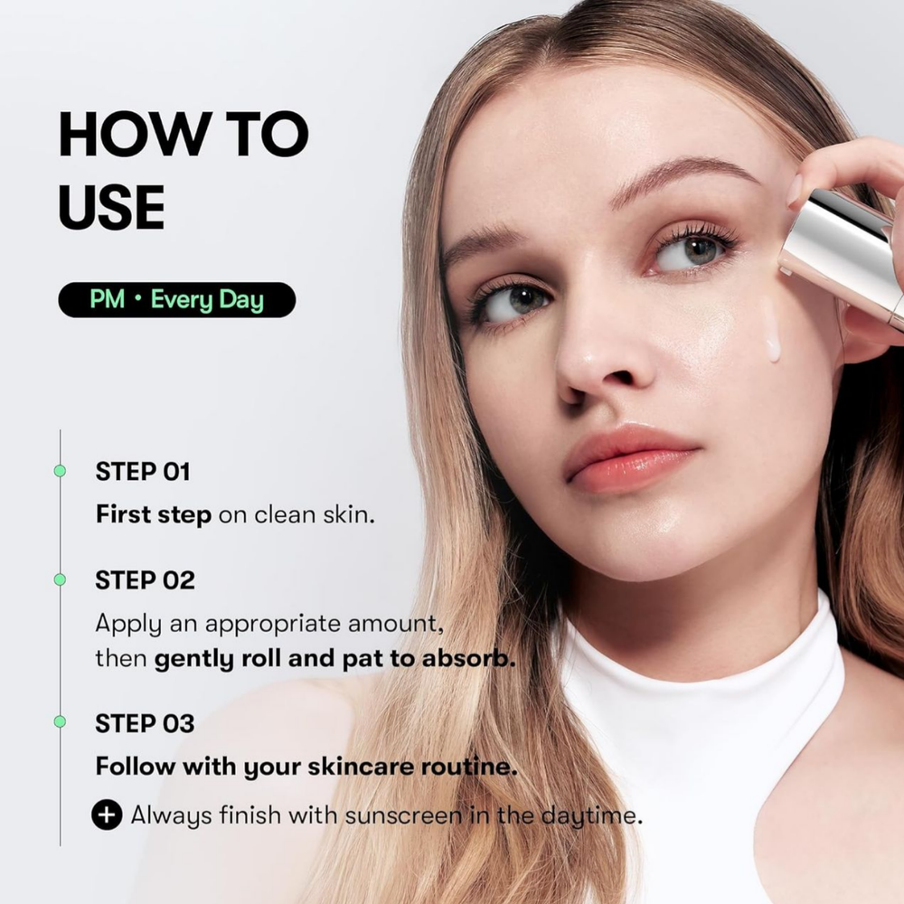 Woman applying skincare product with text on how to use it daily.