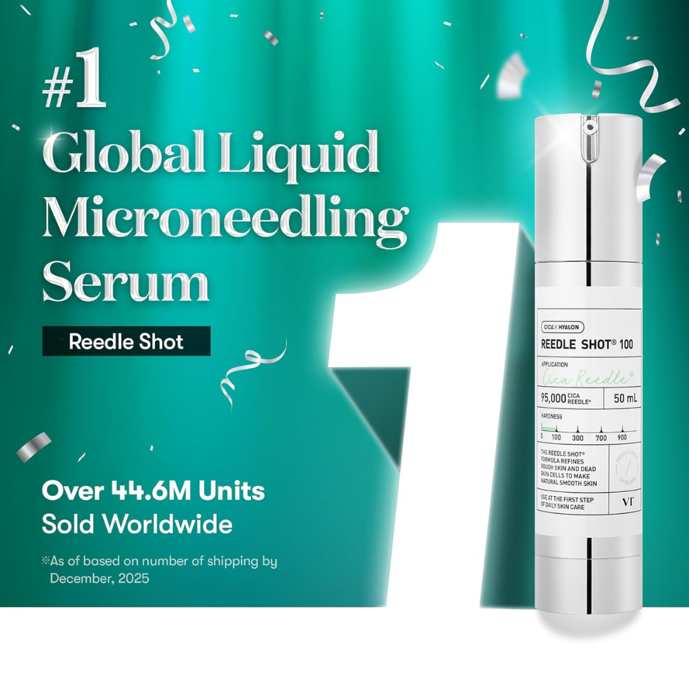 Reedle Shot liquid microneedling serum with text on a teal background
