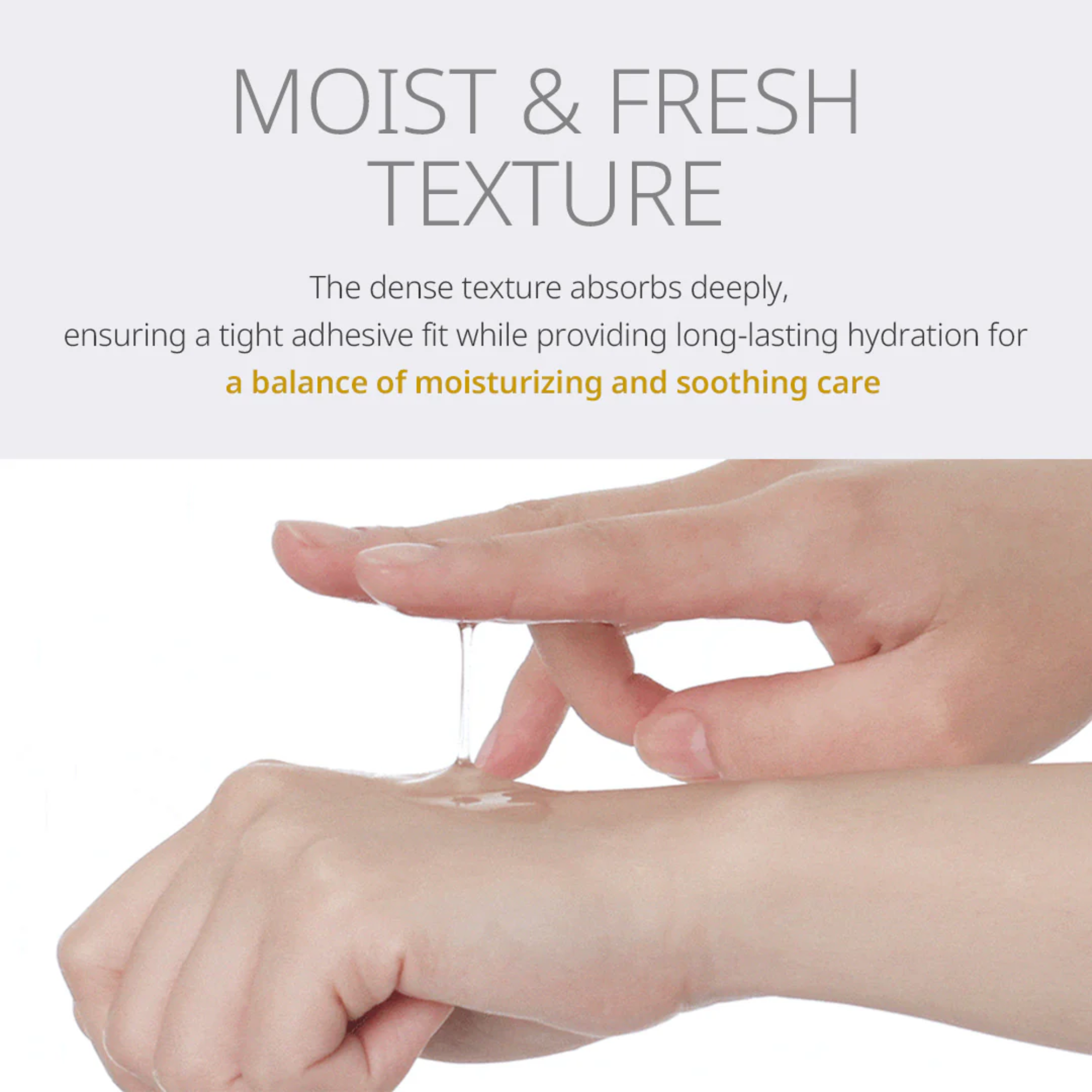 Hand applying a product with text about moisturizing and soothing care
